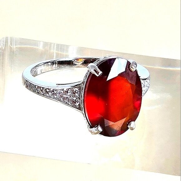 925 Sterling Silver Ring with Natural  Hessonite Garnet Gem & CZ - Picture 6 of 16